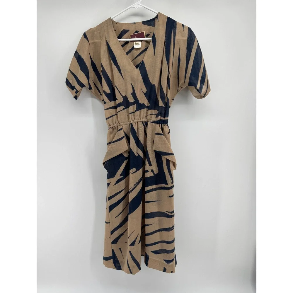 Vintage Mindy Malone Dress Tan Navy Abstract Print V-Neck ILGWU Made in USA 3-4 - Picture 1 of 11